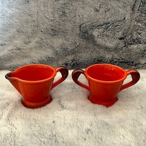 Metlox pottery red rooster creamer & open sugar set. California pottery
